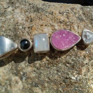 Unique Druzy Cobaltoan Calcite, Black Star Sapphire, Quartz & Moonstone Pendant